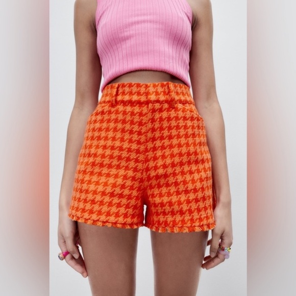 NWT Zara Tweed Houndstooth Textured Orange High Waist Short Pocket Weave Blogger - Picture 6 of 14